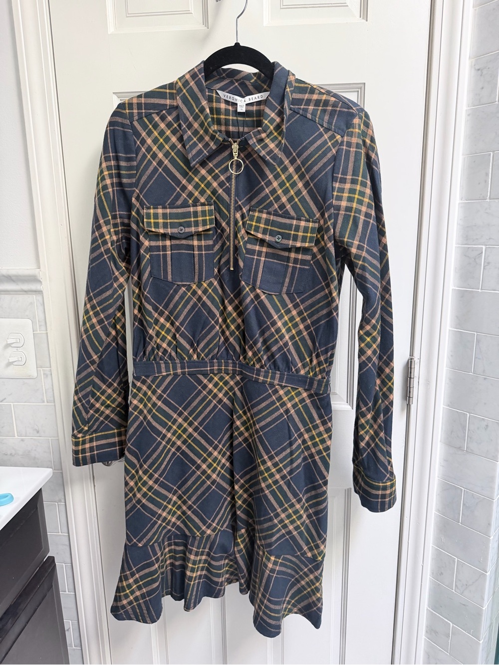 Veronica Beard Roberta Navy Plaid Zip-Front Shirt Dress NWT Size 10